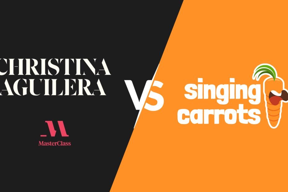 Christina Aguilera MasterClass logo vs Singing Carrots logo – comparison of online singing platforms