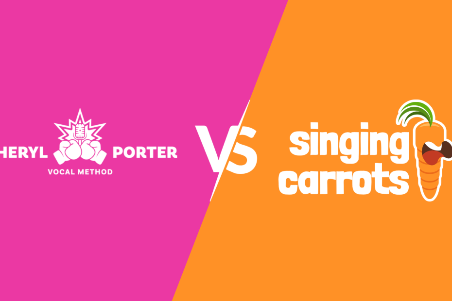 Cheryl Porter Vocal Method logo versus Singing Carrots logo, comparing two online singing training platforms.