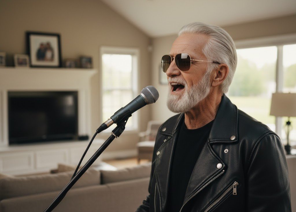 Elderly man with white beard wearing sunglasses singing passionately into a microphone.