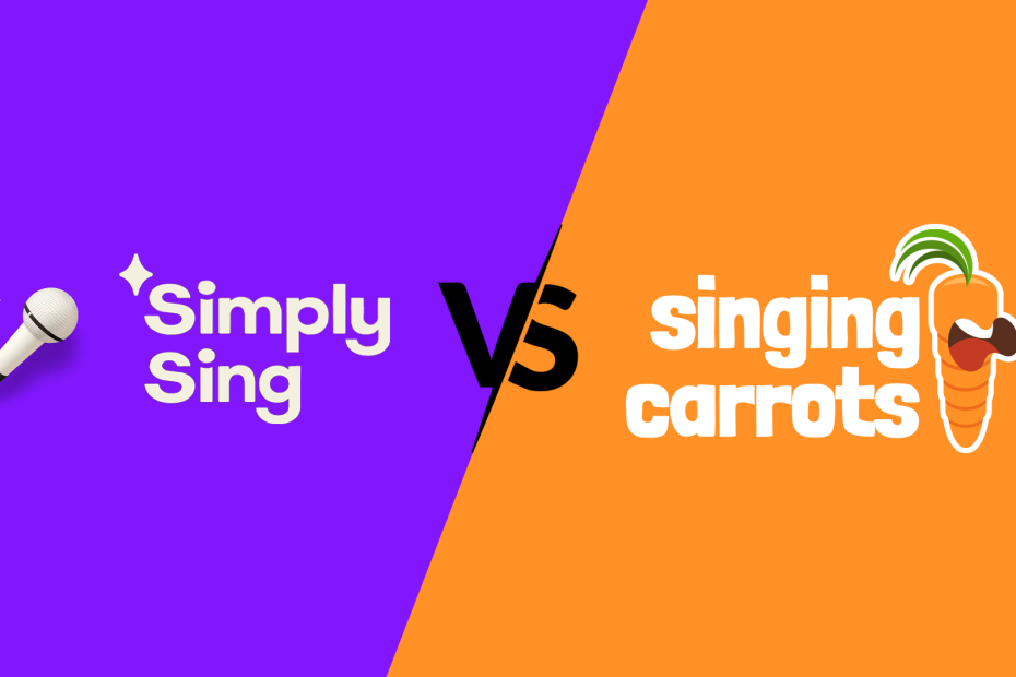 Text graphic labeled “Simply Sing vs Singing Carrots” comparing two singing apps for beginners.