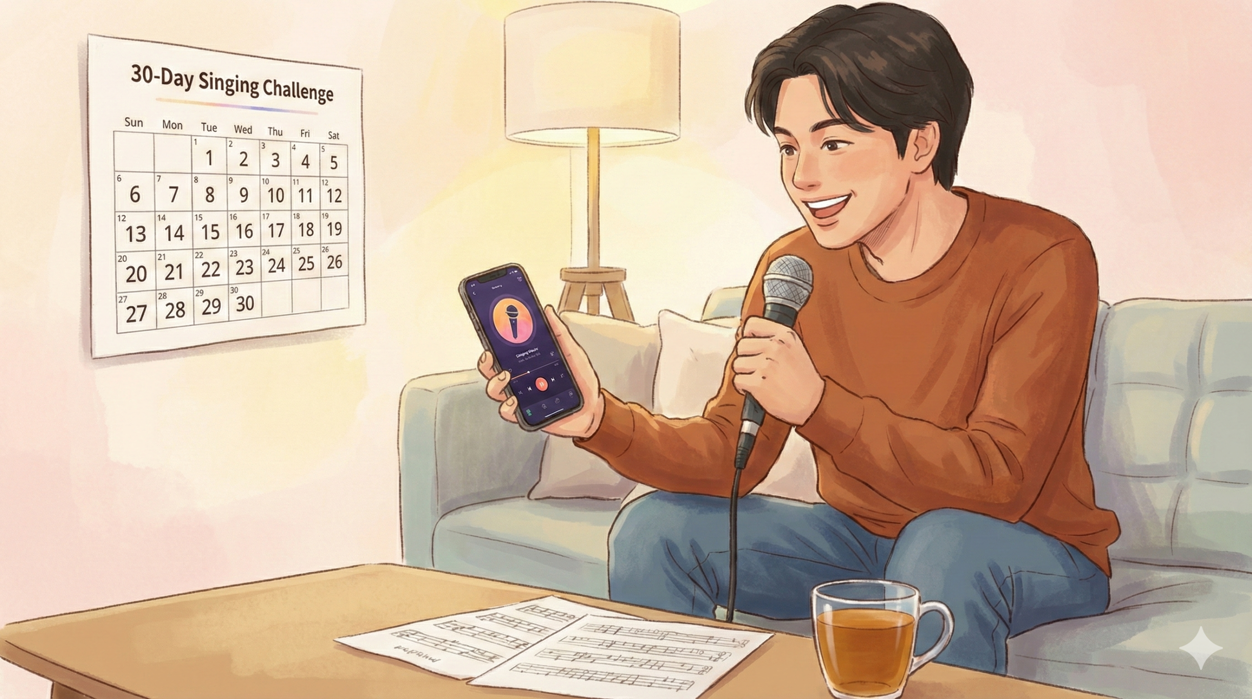 Beginner practicing singing at home during a 30-day challenge, sitting in a living room and singing along to music while holding a phone.