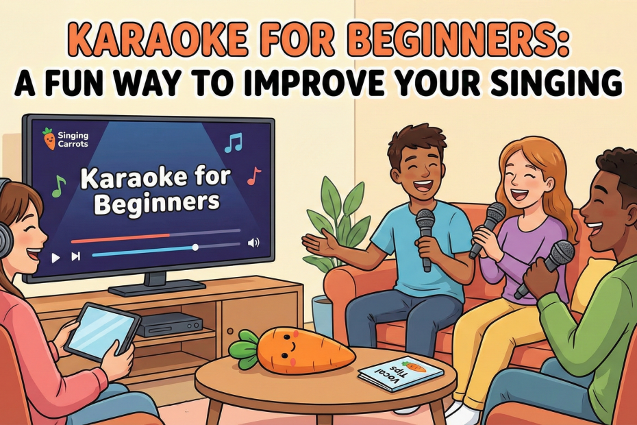 Adults singing karaoke in a living room, practicing how to sing in tune using a TV screen.