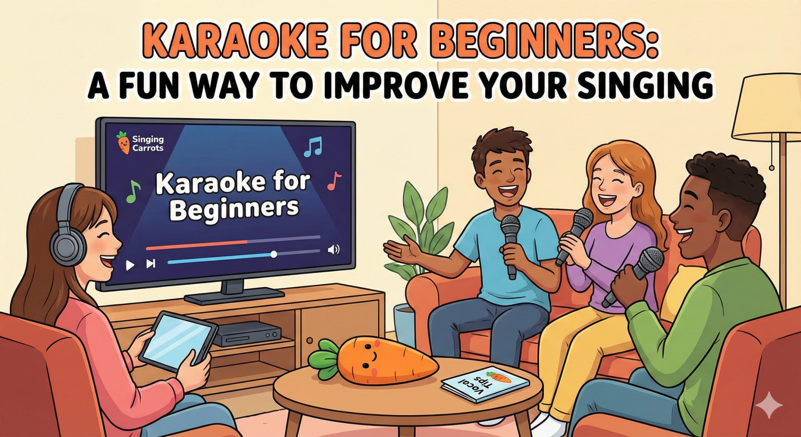 Adults singing karaoke in a living room, practicing how to sing in tune using a TV screen.