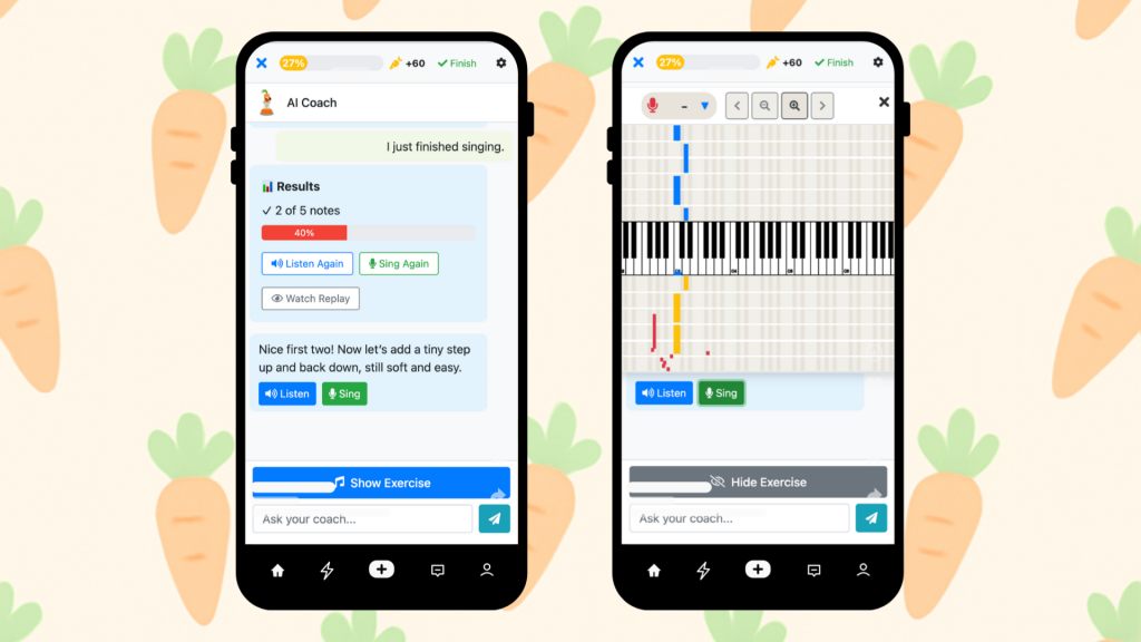 Two smartphone screens displaying the AI Coach interface for singing practice, featuring exercise results, audio controls, and a virtual piano keyboard.