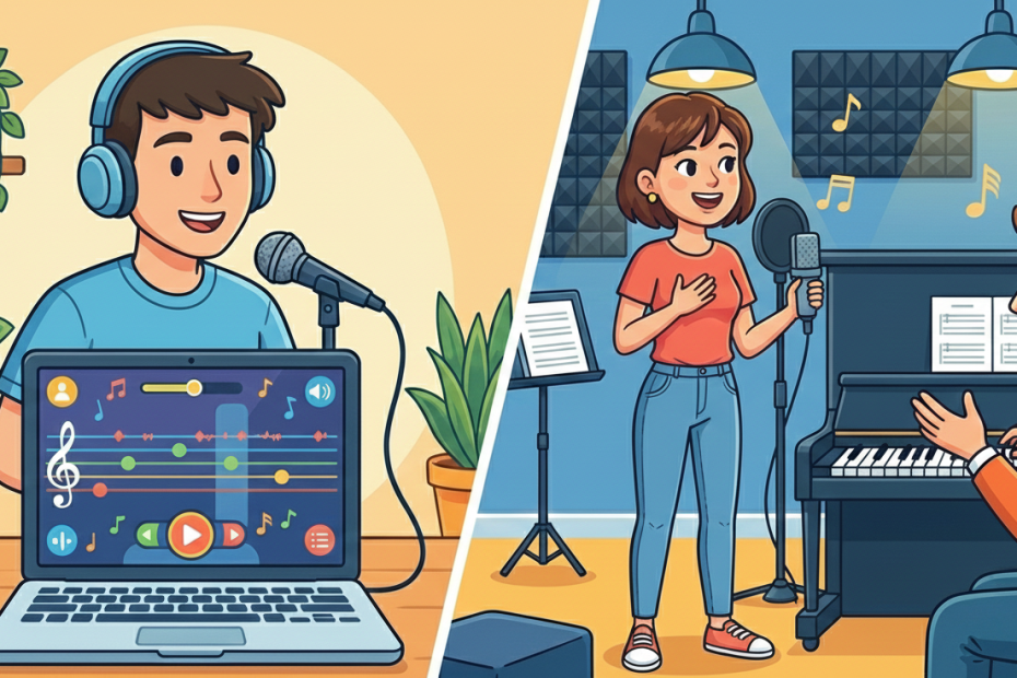 A split-screen cartoon illustration. On the left, a man wears headphones and sings into a microphone while using a laptop with a vocal-tracking app. On the right, a woman sings in a professional studio next to a piano, guided by a male instructor.