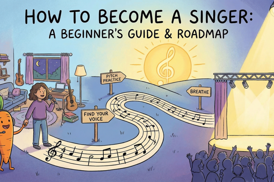 Alt Text: Hand-drawn illustration of a beginner's roadmap to becoming a singer, showing a woman guided by a singing carrot along a musical path from home to a stage.