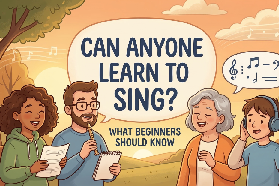 A friendly cartoon illustration of a diverse group of people of different ages practicing singing outdoors, featuring the text "Can Anyone Learn to Sing? What Beginners Should Know."