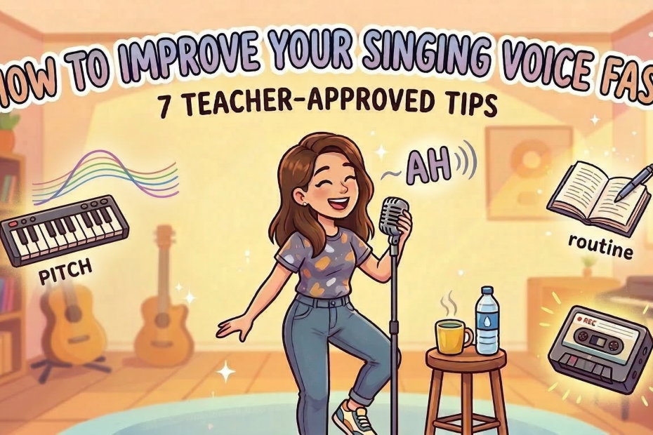 Cartoon illustration of a woman singing into a microphone, surrounded by vocal training icons for pitch, routine, and recording, with text reading How to Improve Your Singing Voice Fast: 7 Teacher-Approved Tips.
