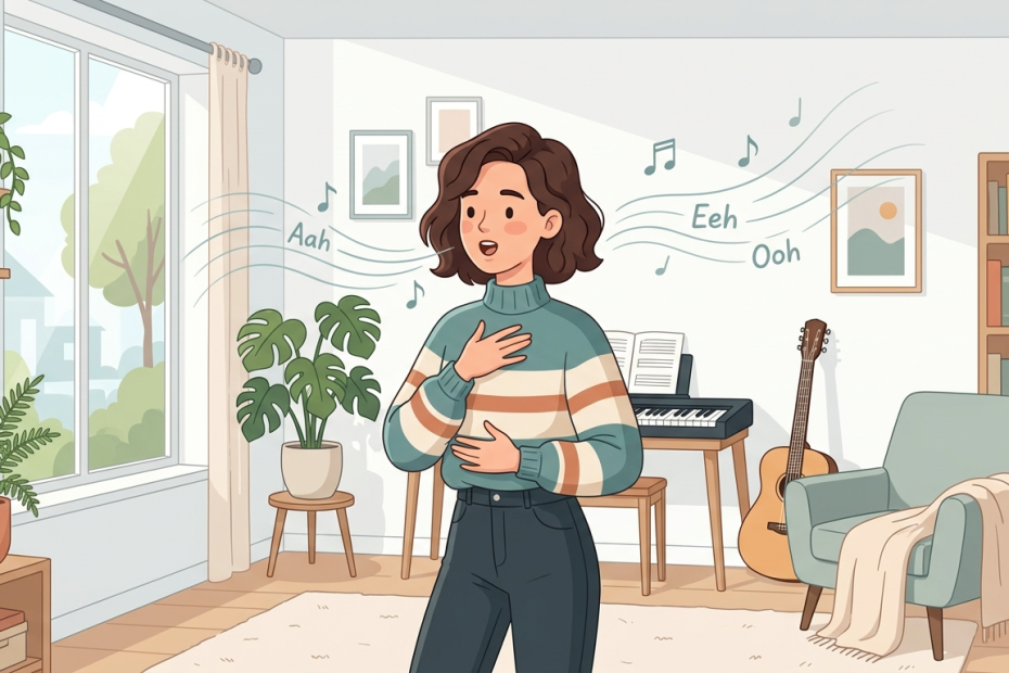 Cartoon-style illustration of a girl practicing vocal warm up exercises at home before singing